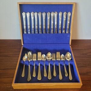 1990s Vintage H.F. LTD Stainless Gold Plated Silverware 65 Piece Set Box